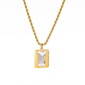 Gold twist chain necklace with a rectangular zirconia pendant and fluid border