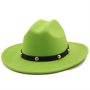 Classic green felt fedora hat with black studded band and elegant wide brim design