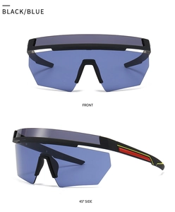 Multi-angle view of oversized cycling sunglasses with black frame and blue lenses