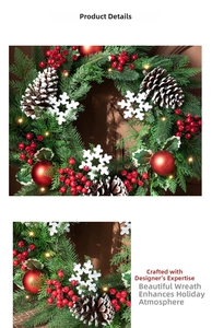 Detail of 40cm Christmas wreath with red berries, pine cones, and LED warm lights