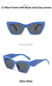 Detail view of blue square cat-eye sunglasses with thick frames and grey lenses