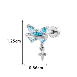 Blue butterfly earring with zircon stones and cross pendant on white background