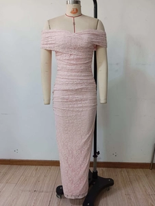 Detail of elegant off-shoulder pink lace evening gown with intricate floral textures