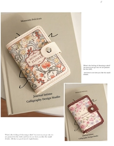 Macro detail of retro floral card holders with textured PU leather and metal button snaps