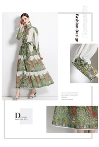 Detail of bohemian long sleeve maxi dress featuring retro paisley patterns and button collar