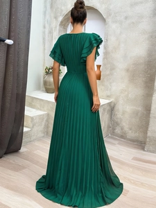 Elegant dark green pleated maxi dress with tiered ruffle sleeves and floor-length hemline