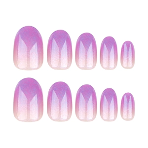 Short round purple gradient press-on nails with shimmering pearlescent finish