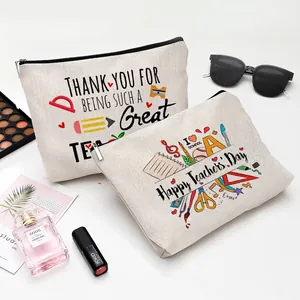 Cosmetic Bag Waterproof Linen Canvas Zipper Pouch Travel Toiletry Organizer Teacher Appreciation Gift School Theme