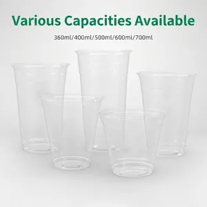 Transparent disposable plastic beverage cups in five sizes ranging from 360ml to 700ml