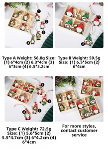 Set of 12 painted wooden Christmas gnomes with rustic twine hangers and wooden storage box
