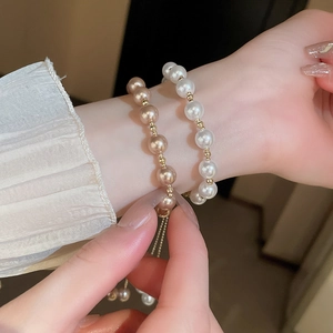 French retro pearl geometric adjustable bracelet set with gold metal beads