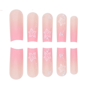 Pink ombre press-on nails with white flowers and pearls decoration in long coffin shape