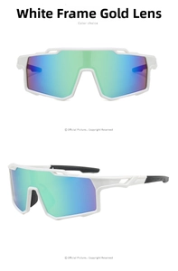 Front and side views of white frame sports sunglasses with gold mirrored lens