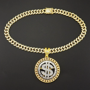 Pendentif dollar rotatif bicolore avec strass sur une chaîne cubaine dorée