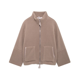 Women's casual teddy fleece jacket with stand collar and zipper closure in tan brown