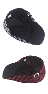 Close-up of internal lining and adjustable metal side buckle on striped beret hats