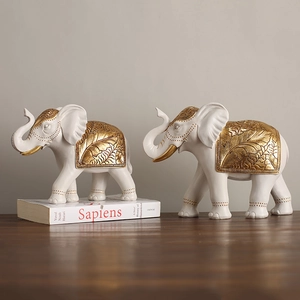 Elegant white and gold resin elephant statues set for home office shelf decoration