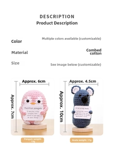 Size chart for hand-knitted cotton penguin and koala dolls with specific dimensions