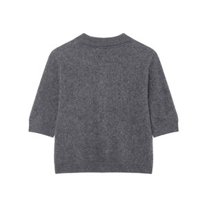 Back view of a dark grey short sleeve knit polo shirt in premium textured wool blend
