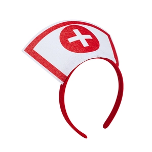 Red and white Halloween nurse hat headband costume accessory on a white background