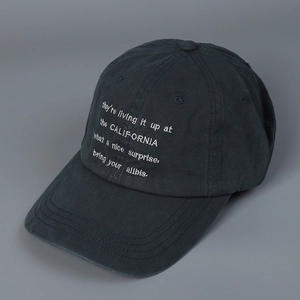 Detailed view of white letter embroidery on dark gray washed cotton baseball cap fabric