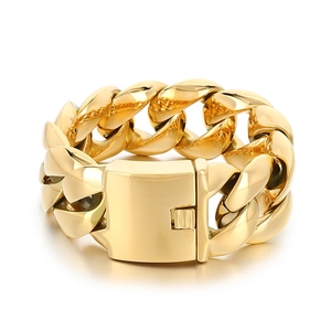 Polished gold stainless steel thick Cuban chain bracelet for men with square clasp closure