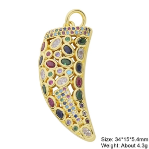Gold hollow crescent horn pendant set with colorful zircons, size 34x15x5.4mm detail view