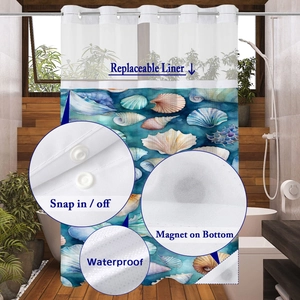 Detail of waterproof shell pattern shower curtain with snap-in liner and weighted magnets