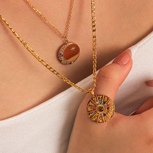 18K gold plated stainless steel zodiac pendant necklace with crescent moon and zircons