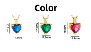 Detail view of heart pendants in blue, green, and red with 16.8mm height and 11.2mm width