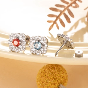 Square micro-pave zircon stud earrings in silver finish with colorful center gems
