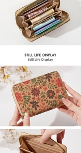 Detailed view of cork wallet interior featuring multiple card slots and floral print design