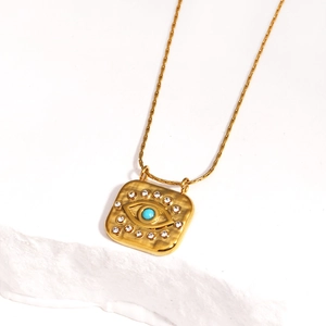 Gold plated evil eye square pendant necklace with turquoise stone and sparkling crystals