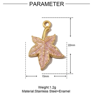 Macro shot of maple leaf pendant specifications: 22x15mm stainless steel with pink enamel