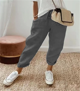 Dunkelgraue Damen Freizeithose aus Baumwolle und Leinen mit elastischem Kordelzugbund