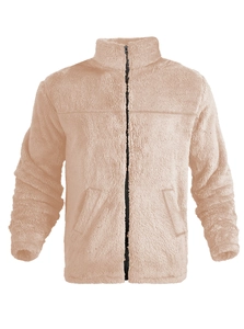 Detail view of the soft fleece fabric texture and black zipper on this khaki jacket