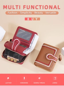Detail showing multi-functional women's leather wallet with card slots and zipper pocket