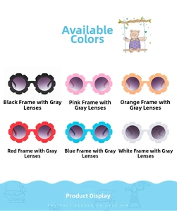 Grid view of kids flower shaped sunglasses in six colors with high UV protection lenses
