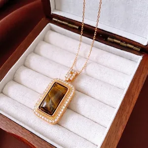 Gold plated tiger eye rectangular pendant necklace on silk with luxury jewelry box