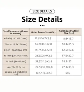 Detailed size chart for black walnut photo frames showing dimensions from 6 inch to A4 size