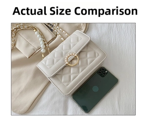 Off-white quilted crossbody bag with pearl strap detail and smartphone size reference
