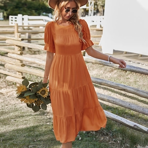 Robe Mi-Longue À Volants Pour Femmes Coton Viscose Manches Courtes Volantées Col Rond Décontracté Vacances D'Été Mode