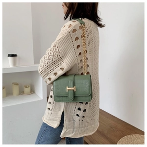 Detail of green crocodile pattern shoulder bag with golden H buckle and metal chain