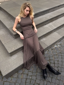 Robe Maxi Sans Manches Femme Col Rond Couleur Unie Froncée Taille Ajustée Streetwear Fête Marron