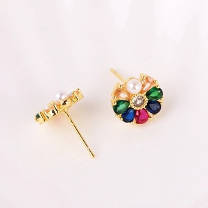 18K gold plated flower stud earrings with colorful cubic zirconia and white pearls
