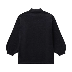 Detailed back view of a minimalist black knit sweater featuring ribbed cuffs and hemline