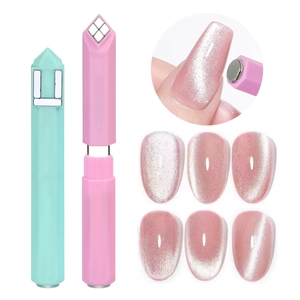 Multi-functional magnetic nail art tool set showing cat-eye effects on violet polish