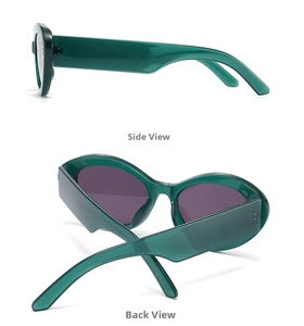 Detail view showing side and back profiles of dark green cat-eye baroque sunglasses