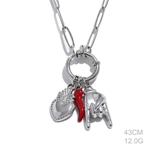 Detail showing 43cm silver necklace with red heart, chili, and rock gesture charms