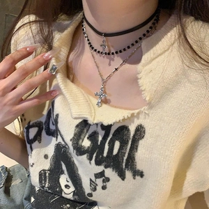 Triple layer necklace with leather choker, black beads and crystal cross pendant set